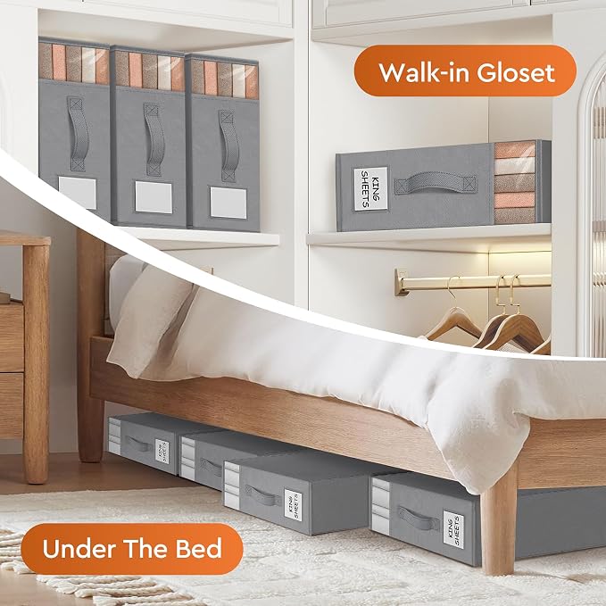 StorageTastic Bed Sheet Closet Organizers and Storage Under Bed Storage | Foldable Storage Containers with Window and Label,Storage and Organization for Bedding Sheets,Duvet Covers,Blankets,6 Pack