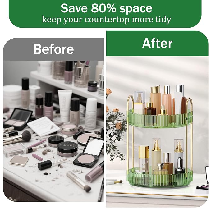 MOKANI 360 Rotating Makeup Organizer for Vanity, 2 Tier Perfume Organizer | Adjustable Multi-Function Spinning Cosmetics Skincare Storage for Bedroom, Dresser, Countertop, Green