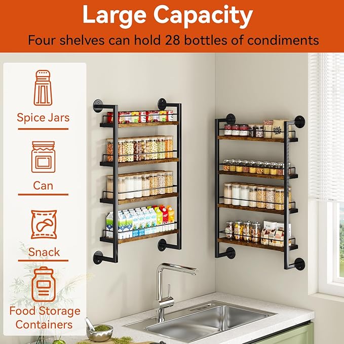 IBUYKE 4 Tier Spice Rack Wall Mount for Kitchen,Brown TLJ016H | Hanging Seasoning Organizer Large Spice Rack for Wall Spice Organization for Kitchen Cabinet Bathroom Pantry Living Room