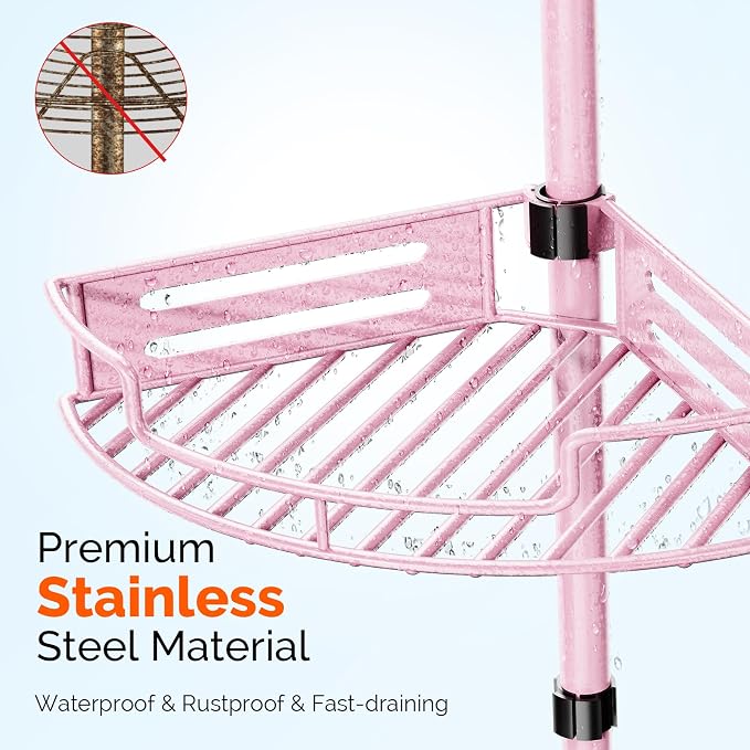 HAMITOR Corner Shower Caddy, 4 Tier Adjustable Bathroom Organizer - Pink | Corner Shower Caddy Tension Pole, No-Drill Setup, Rustproof Shelves Perfect for Bathrooms, Dorms & Apartments - 47-121in