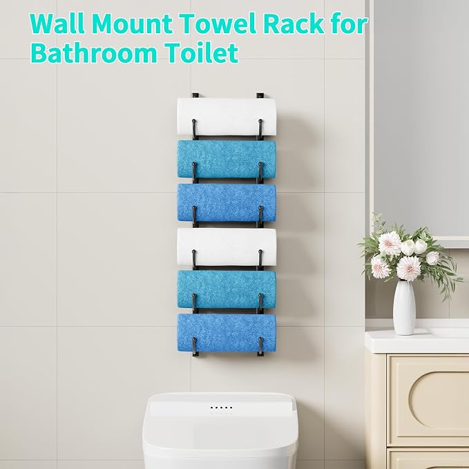 HapiRm Rolled Towel Racks for Bathroom - 6-Tier Over The Door & Wall Mounted Bathroom Towel Storage, Hanging Metal Organizer for Towels & Bath Sheets, Space Saving Rack for Bathroom, Camper, RV, Black