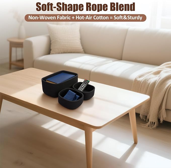 5-Pack Small Woven Rope Storage Baskets, 2 Sizes Organizer Bins | Fabric Cube Boxes and Rectangular Shallow Bins for Closet, Shelf, Bookshelf, Nursery, Changing Table, Bathroom, Toys & Home