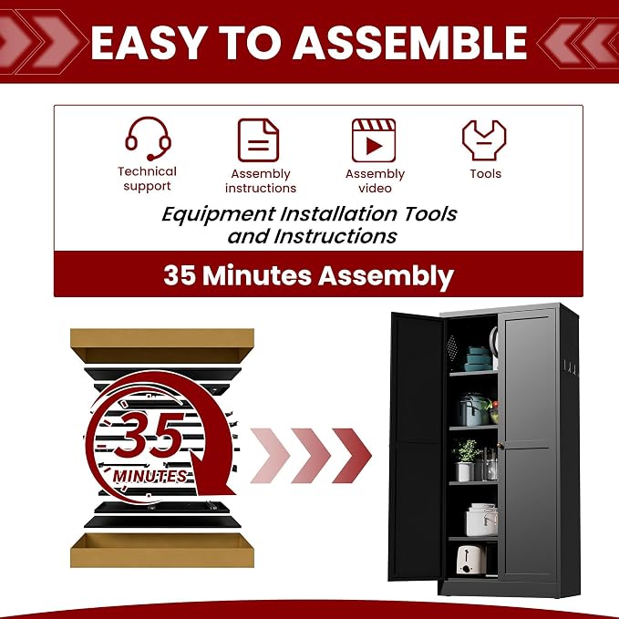 AQY Kitchen Pantry Cabinet,61" Black Pantry Storage Cabinet with 4 Tier Adjustable Shelves and 2 Doors,Freestanding Cupboard,Metal Pantry Cabinets with Handle for Living Room Kitchen Assembly Required