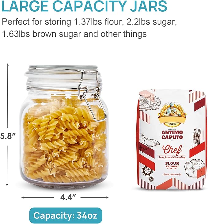 Vtopmart 34oz Glass Food Storage Jars with Airtight Clamp Lids, 3 Pack | Kitchen Canisters for Flour, Cereal, Coffee, Pasta and Canning, Square Mason Jar with 8 Chalkboard Labels