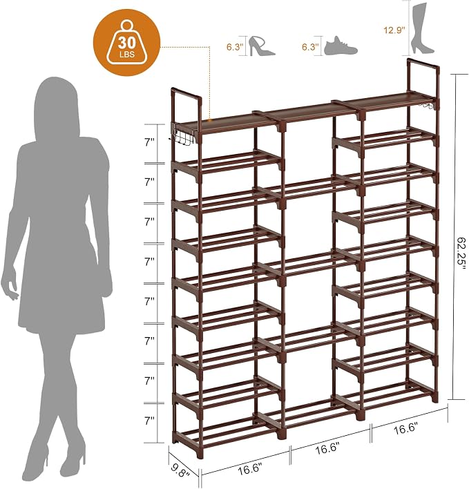 WOWLIVE 9 Tier 3-Column Shoe Rack, 50-55 Pairs Stackable Brown | 50in long for larger entryways. Removable shelves fit tall boots. Split into multiple units for garage/closet.