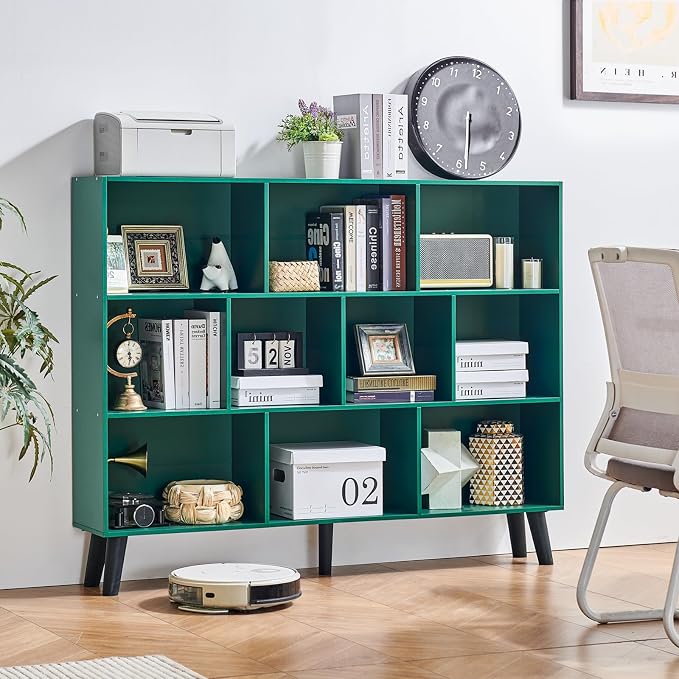 LEYAOYAO 10 Cube Bookshelf,Mid-Century Modern Bookcase with Legs,Dark Green | 3 Tier Book Shelf, 55" Wide Rustic Wood Bookshelves Large Storage Organizer, Open Shelves for Bedroom, Living Room, Office