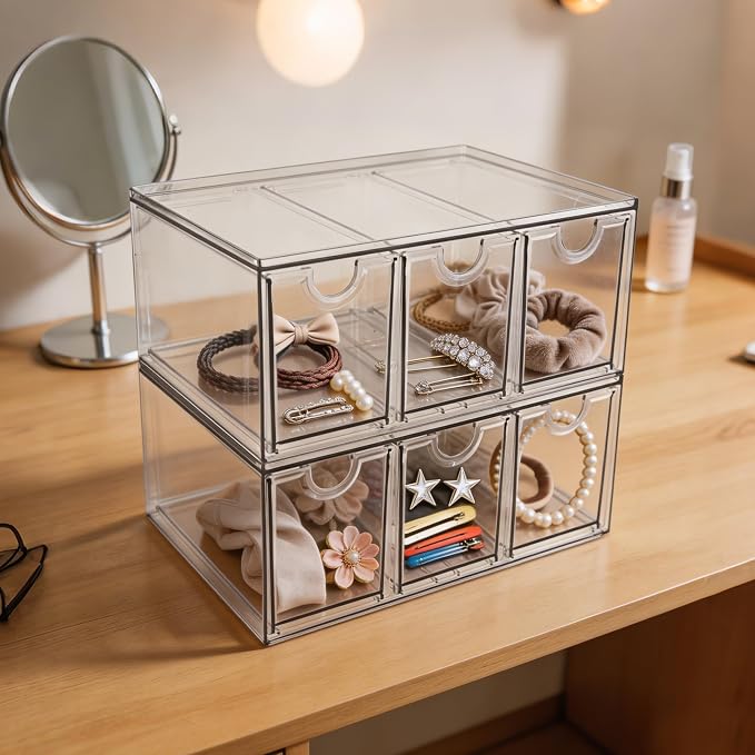 Prsildan Tea Bag Organizer K Cup Holder Drawer Coffee Pods Storage, 2 Pack | Clear Acrylic, Stackable, Pull Out, For Kitchen Office Craft Art Supplies Hair Accessories Makeup Small Items