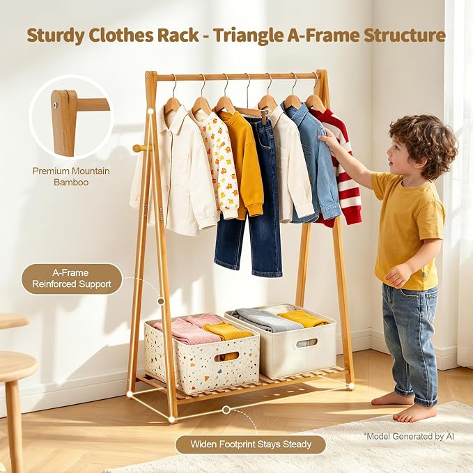 Kids Clothing Rack Small Baby Clothes Racks Bamboo Garment Rack 42"H | Wooden Short Mini Dress Up Costume Rack with Shelves for Hanging Clothes, Nursey Toddler Shower Children Clothes Hanger Rack