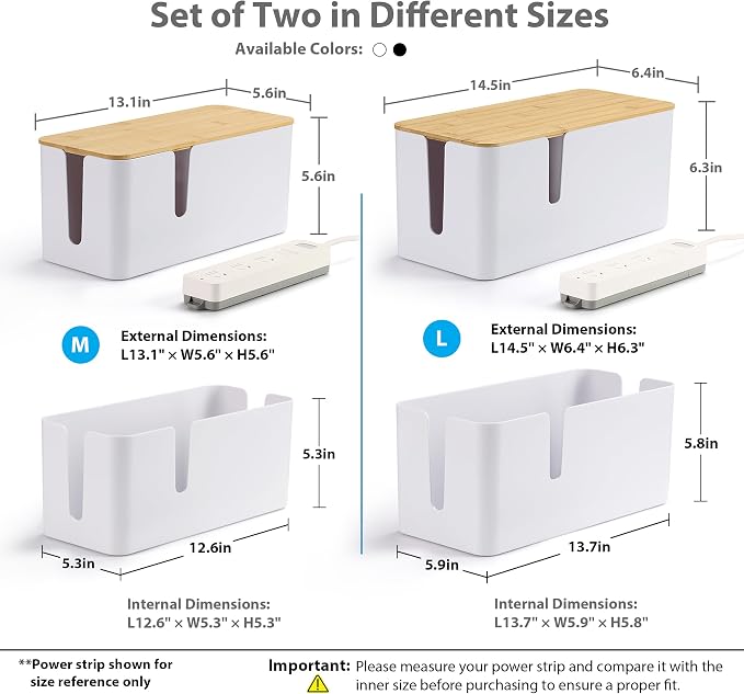 ZhiYo 2 Pack Cable Management Box, Large & XL, Power Strip Organizer, Black | Extra-Tall Design for Oversized Adapters, Fits Power Strips Up to 13.4" Long, Natural Bamboo Lid, Ideal for Desks, TV Areas