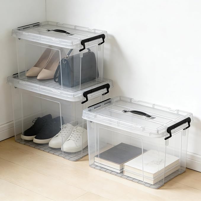 6 Pack Plastic Storage Bins with Lids | Clear Stackable Bins with Secure Latches and Handles Heavy-Duty Storage Containers For Home Office and Garage Organization