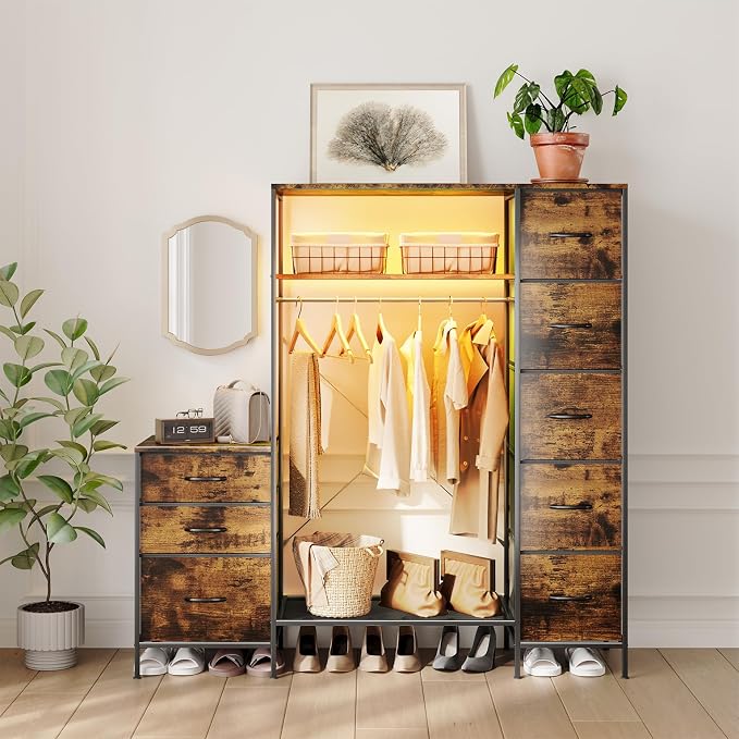 Clothes Rack with 8 Drawers, 4 Shelves & LED, 55" W×57" H Dresser with Hanging Rack, Portable Garment Rack, Freestanding Wardrobe Closet Organizer System for Bedroom, Small Space