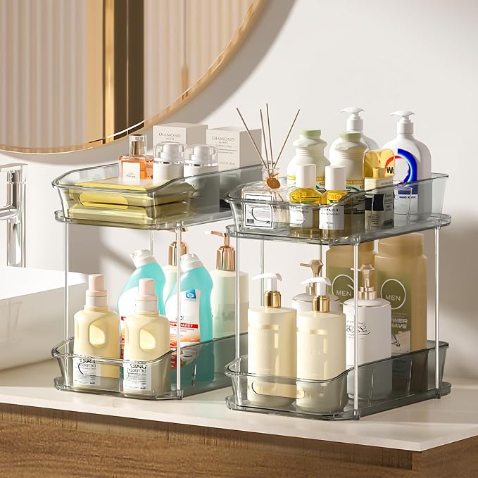 Delamu 2-Tier Under Sink Organizers and Storage, Multi-Purpose Stackable Bathroom Cabinet organizers, Pull Out Kitchen Pantry Organization and Storage with Dividers(2 Pack, Grey)