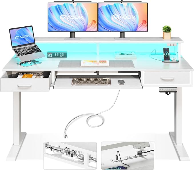 AODK 55 Inch Electric Standing Desk with Drawers & Keyboard Tray, White | 3 Outlets & 2 USB Ports, LED Lights, Monitor Stand, Cable Management Tray, 3 Memory Heights, 29.9"-46.1" in Range