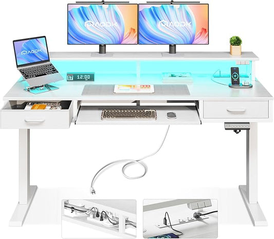 AODK 55 Inch Electric Standing Desk with Drawers & Keyboard Tray, White | 3 Outlets & 2 USB Ports, LED Lights, Monitor Stand, Cable Management Tray, 3 Memory Heights, 29.9"-46.1" in Range