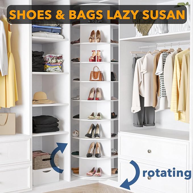 SpaceAid 9 Tier Rotating Shoe Rack Tower, Spinning Shoe Display Lazy Susan, Revolving 360 Shoe Rack Storage Round Carousel, Vertical Handbag Rotate Shoes Closet Organization (9-Tier White)