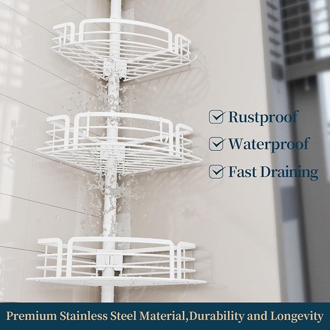 Consumest Shower Caddy Tension Pole - Adjustable Corner Shower Organizer with Soap Holder, Bath Shelves for Bathroom Storage, 27.6-108.3 inch, White