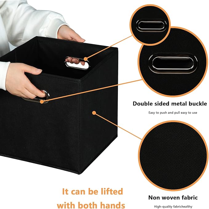 Yunkeeeper storage bins Cubes, Fabric Cube Organizer with Handle, Foldable Cube Bins for Cloth or Accessary Storage, 11x11x11, Set of 3, (Black)