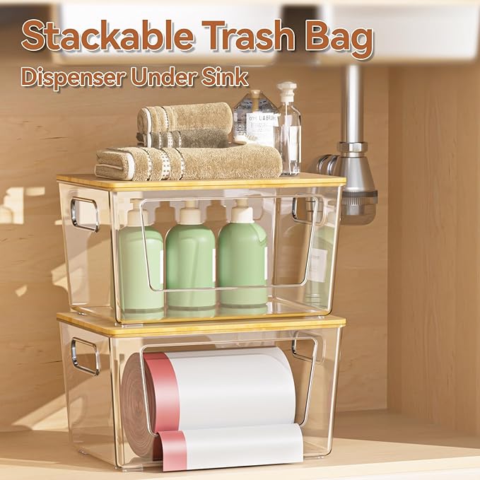 spospo 4 Pack Trash Bag Holder with Bamboo Lid Stackable Trashbag Dispenser | Extra Large Garbage Bag Holder for Kitchen Laundry Room Under Sink Organization and Storage