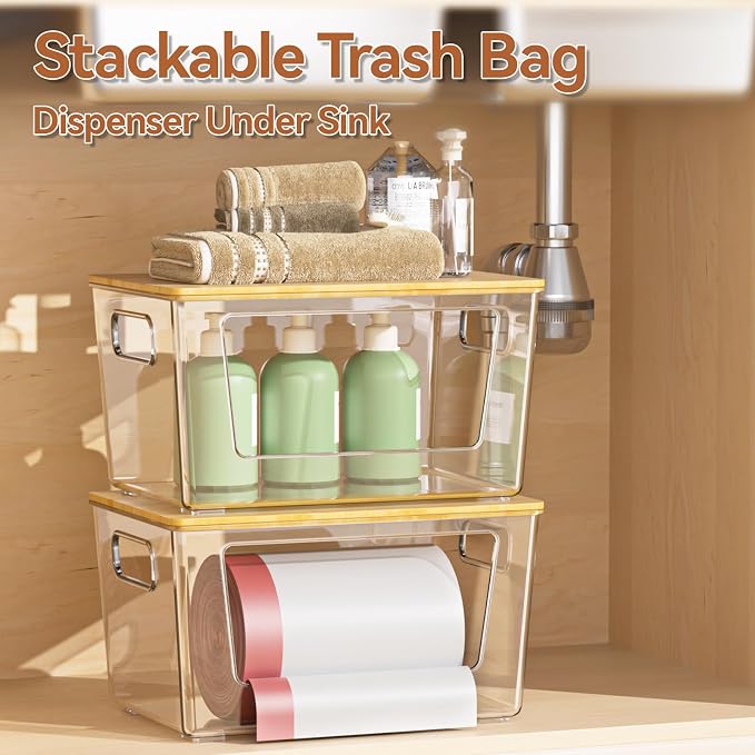 spospo Trash Bag Holder with Bamboo Lid Stackable Trash Bag Dispenser | Extra Large Garbage Bag Holder for Kitchen Laundry Room Under Sink Organization and Storage (1Pack)
