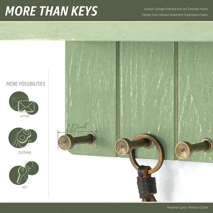 Rebee Vision Key Holder Wall Mount with 4 Key Hooks for Entryway, Green | Farmhouse Small Key Holder for Wall, Mail Sorter, Watch and Tie Hanging, Rustic Home Decor, Home Essentials, Compact Storage