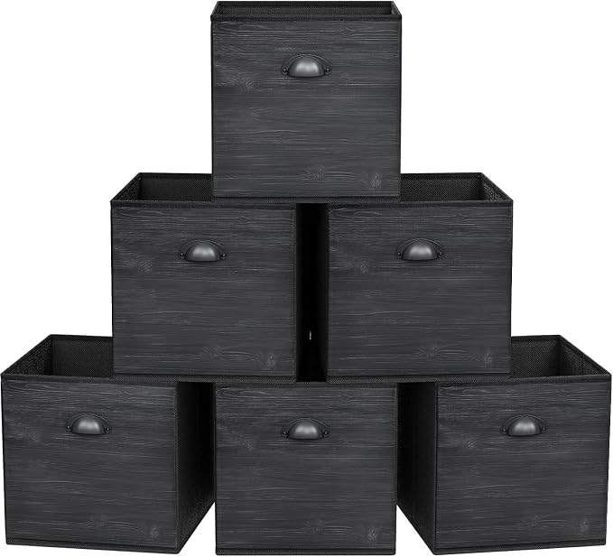 Faux Wood Grain Cube Storage Organizer Bins, 12x12 Inch Storage Cubes, Closet Cloth Baskets Box for Shelves, Set of 6