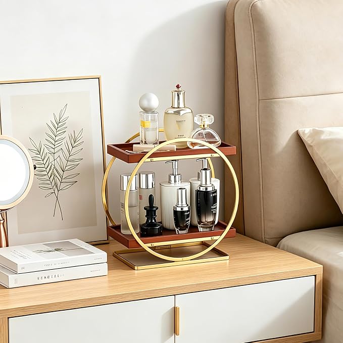 Bathroom Counter Organizer, Wooden Bathroom Organizers and Storage | 2-Tier Vanity Makeup Skincare Cologne Organizer, Bamboo Perfume Organizer for Dresser, Countertop Shelf Kitchen, Gold & Brown
