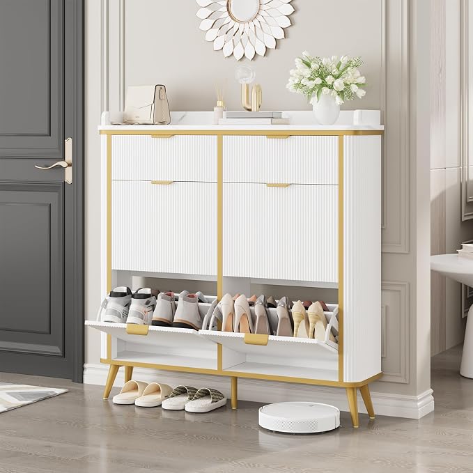 Fluted Shoe Storage Cabinet with 4 Flip Drawers & 2 Drawers, Freestanding Hidden Shoe Organizer with Adjustable Shelves, Wood Narrow Shoe Rack Cabinet for Entryway, Hallway, Foyer, White