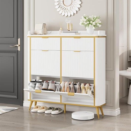 Fluted Shoe Storage Cabinet with 4 Flip Drawers & 2 Drawers, Freestanding Hidden Shoe Organizer with Adjustable Shelves, Wood Narrow Shoe Rack Cabinet for Entryway, Hallway, Foyer, White