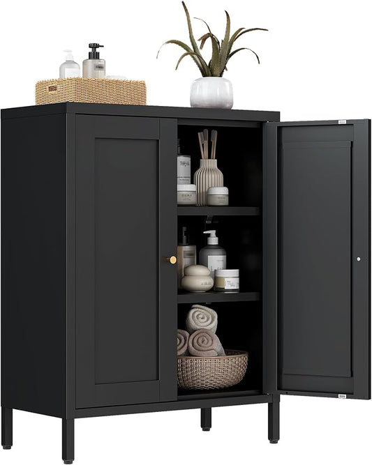 Bevivog Small Bathroom Storage Cabinet, Black Metal Locker Cabinet with 2 Doors and 2 Adjustable Shelves, Metal Floor Cabinets Sideboard for Home Office, Living Room, Hallway, Entryway