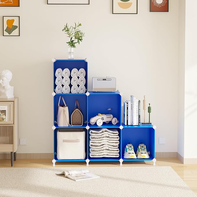 AWTATOS Cube Storage Organizer, 6 Cube Closet Organizers Storage Shelves | DIY Stackable Closet Storage Cubes Shelf Bookshelf, Plastic Clothes Organizer Shelving for Bedroom, Home, Admiral Blue