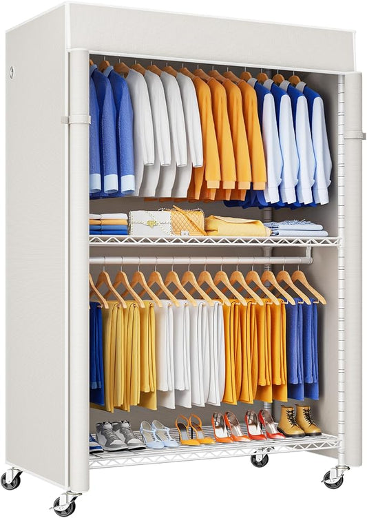 ULIFHOME P8C Pro Heavy Duty Clothes Rack（With Extended Width Design） Rolling Clothing Racks for Hanging Clothes with Lockable Wheels，42" W x 15.8" D x 80.5" H，Load 700LBS，White Rack with White Cover