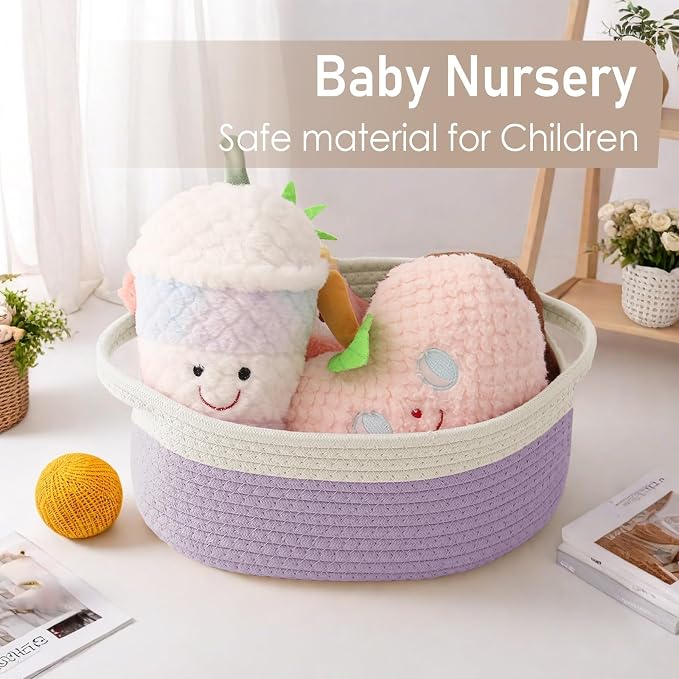 JMvicyroam Small Woven Basket, Empty Gift Basket, White&Purple/2 Pack | Small Gift Basket, Cotton Rope, 12 x 8 x 55 in, Handles, Includes Ribbon and Bag, Birthday Gift Basket