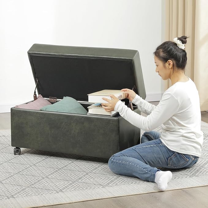 32" Faux Suede Storage Ottoman Bench with Wheel, Rectangle Foot Rest Stool for Living Room, Bedroom, Entryway,Moss Green