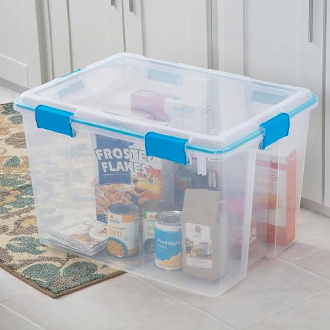 Sterilite 80 Qt Gasket Box, Stackable Storage Bin with Latching Lid and Tight Seal, Plastic Container to Organize Basement, Clear Base and Lid, 1-Pack