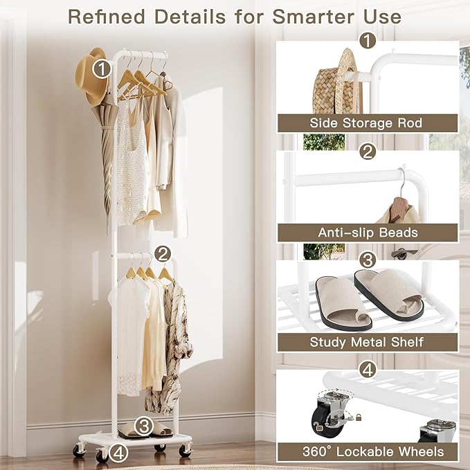 Small Rolling Clothing Rack with Shelf, Narrow Clothes Rack with Wheels | Gasvadivum 71" Tall Sturdy Metal Garment Rack with Hanging Rod, Freestanding Portable Coat Rack for Bedroom, Entryway, White