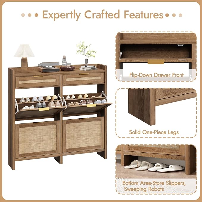 HOKYHOKY Large Rattan Shoe Storage Cabinet with 4 Flip Drawers & 2 Storages | Hidden Slim Shoe Organizer, Farmhouse Boho Narrow Shoe Rack, Large Tabletop Space, Entryway, Rustic Oak