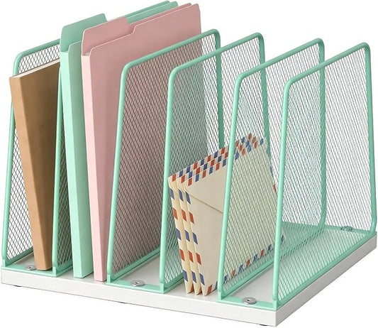 LEKETREE Desk File Organizer, 5-Section Upright File Sorter, Vertical File Folder Holder, Mesh Metal Wood Office Desktop Organization for Document, Magazine, Books and more (Mint)