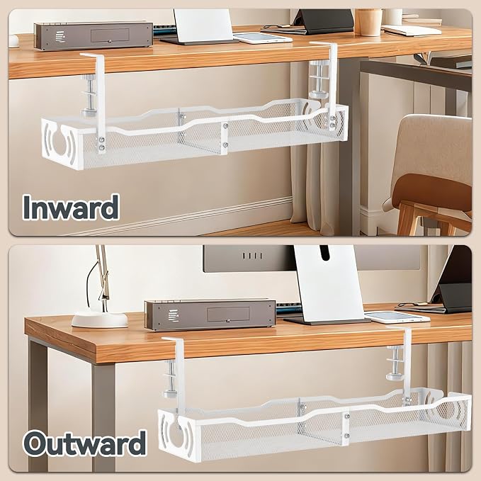 Cable Management, 25.3'' Under Desk Cable Management Tray No Drill | Metal Cable Organizer with Clamp for Wire Management, Cord Organizer for Home Office, Desk Accessories Organizer, White