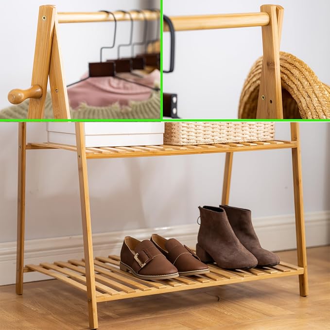 Bamboo Clothing Rack with Top Hanging Garment Rod, 2 Side Hooks & Bottom 2-Tier Shelves – Space-Saving Organizer for Clothes, Hats, Bags & Shoes