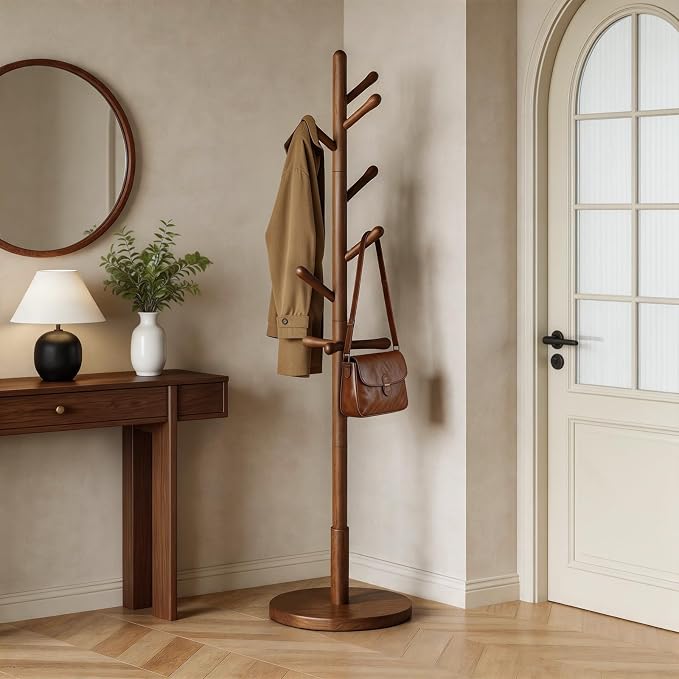 Solid Wood Coat Rack Freestanding with 9 Hooks - Wooden Coat Rack Stand for Entryway, Bedroom, Living Room, Hallway for Coats, Handbags, Hat (Walnut)