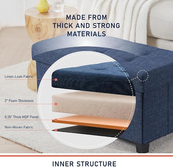 Ornavo Home 30" Large Storage Ottoman Bench with Legs, Navy Blue | Foot Rest Stool; Ottoman with Hidden Storage; Ideal for Bedroom, Living Room, Entryway or Home Office