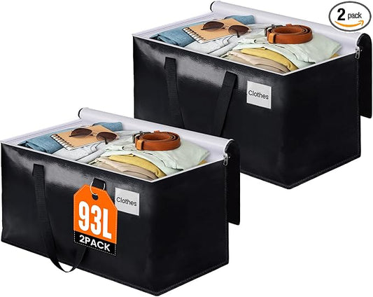Heavy Duty Moving Bags, Extra Large Storage Bags, 93L, 2-Pack, Black | Foldable, with Zippers, Tag Pocket & Handles, Reusable, Space-saving, Water-Resistant, for moving & storage, Versatile Use
