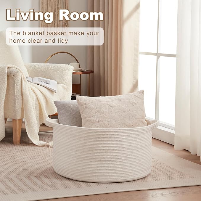 OIASKET Large Woven Baskets for Storage, 22.8" x 22.8" x 13" Blanket Storage Living Room, Baby Toy Basket for Clothes, Pillows, Towels, Shoe Basket for Entryway (White)