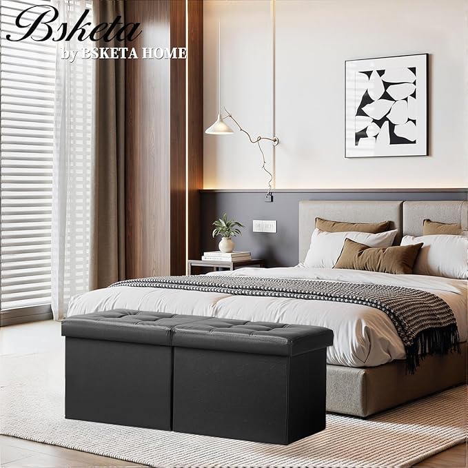 Bsketa Storage Ottoman Bench, 34" Folding Leather Foot Rest Stool, Black | Large Ottoman with Storage, Thicker Foam Padded Seat, Livingroom, Dorm, Bedroom, Easy to install, 86L,34 x 13 x 13in