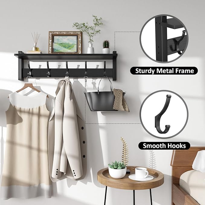 Optish Coat Rack Wall Mount with Shelf, 24 Inch Coat Hanger Walls Mounted, Hat Rack for Walls, Shelf with 5 Coat Hooks, Wall Hanger for Entryway (Black)