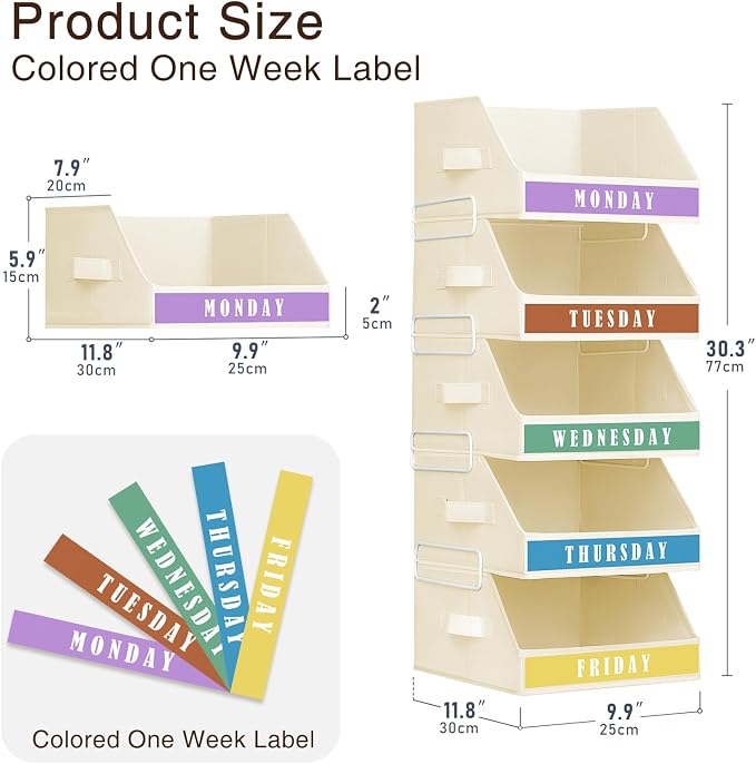 Closet Organizers and Storage - 5 Tier Shelf Organizer with Weekly Labels, Stackable Storage Bins with Metal Frame, Foldable Cube Bins, Home Baskets for Kids and Adults, Beige
