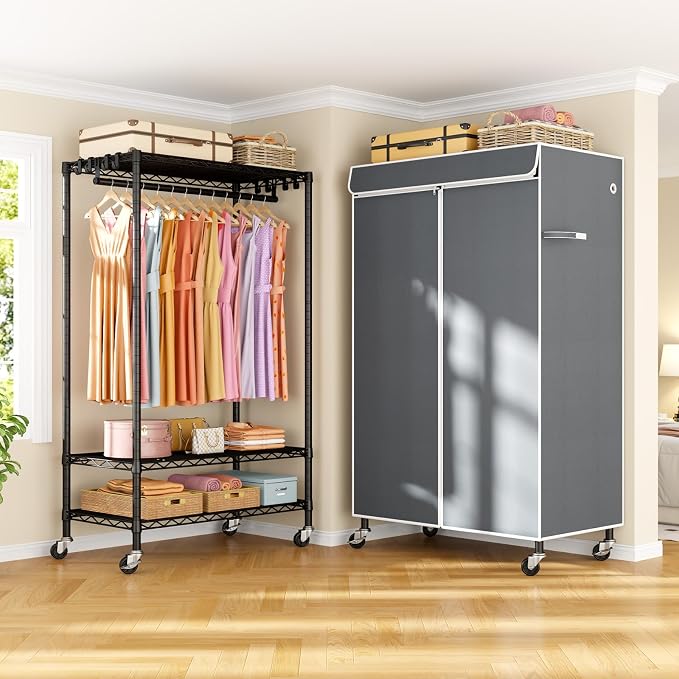 P6C Rolling Clothes Rack with Cover, 3-Tier Covered Clothing Rack | Portable Closets for Hanging Clothes, Heavy Duty Garment Rack on Wheels, Black Closet Rack with Gray Cover, Max Load 365LBS