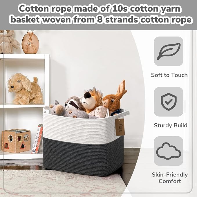 Goodpick Large Cotton Rope Baby Laundry Basket, Dark Gray | 50L, 18 × 14 × 12 in, Reinforced Handles, Blankets & Toys Essentials Storage, Living Room & Nursery Organization