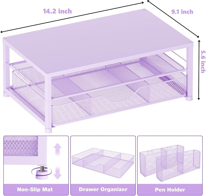 OPNICE Desk Organizer and Accessories, 2-Tier Computer Monitor Stand Riser with Drawer and 2 Pen Holders, Laptop Stand, Office Desk Accessories for Office Supplies, 1 Pack, Purple