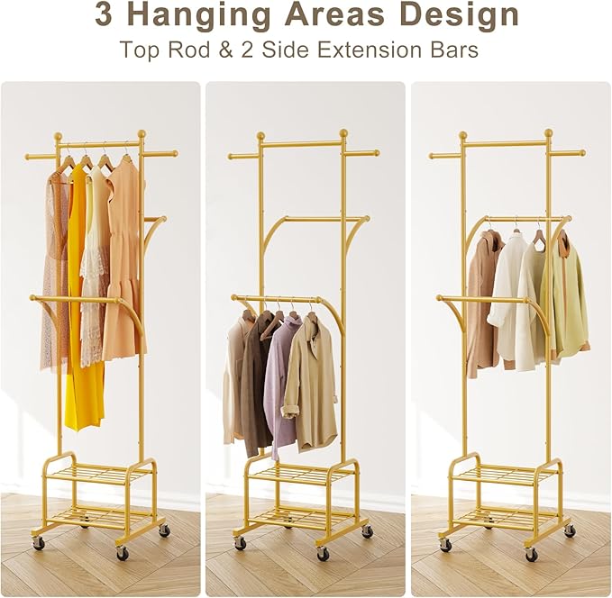 Rolling Clothes Rack with 2 Shelves, Small Gold Clothing Rack with Wheels | Gasvadivum 71" Tall Sturdy Metal Garment Rack with 3 Hanging Rods, Freestanding Portable Coat Rack for Bedroom, Entryway